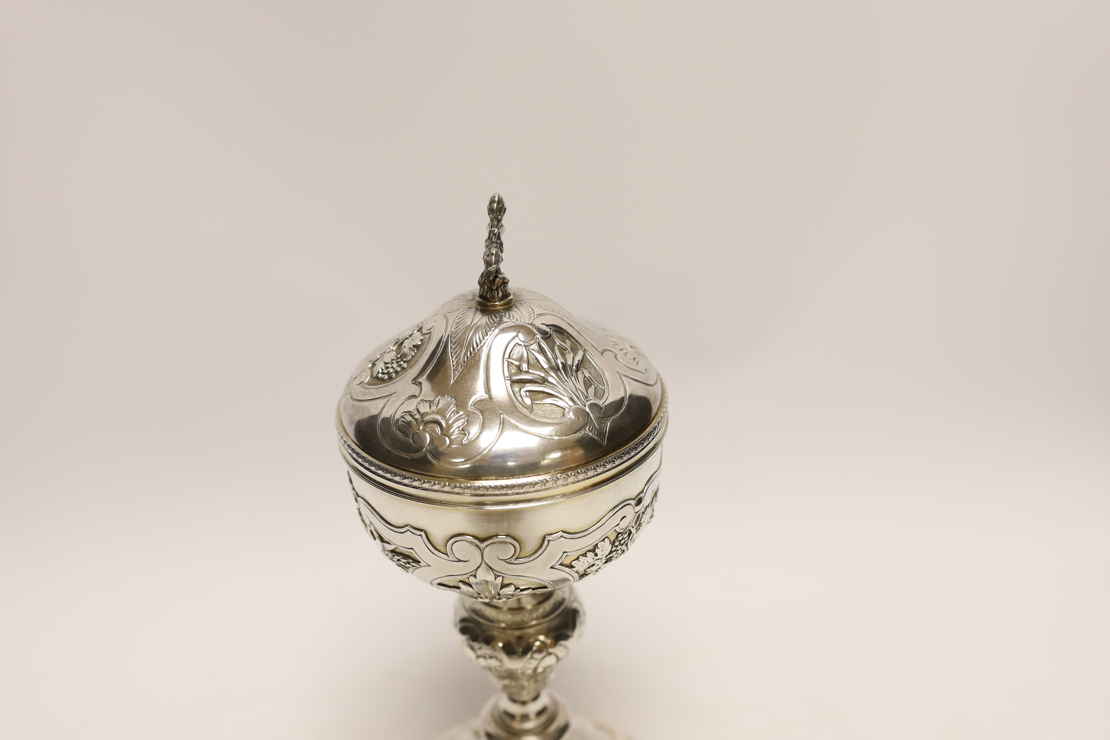 A late 19th/early 20th century French 950 standard white metal ciborium and cover, maker ?T, height 27cm, 13.1oz.